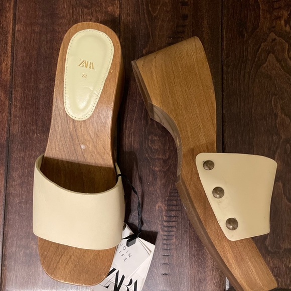 ZARA Wood Ivory Leather Platform Slides Chunky Wedge Heel Womens 38 EU 7.5 US - Picture 3 of 6